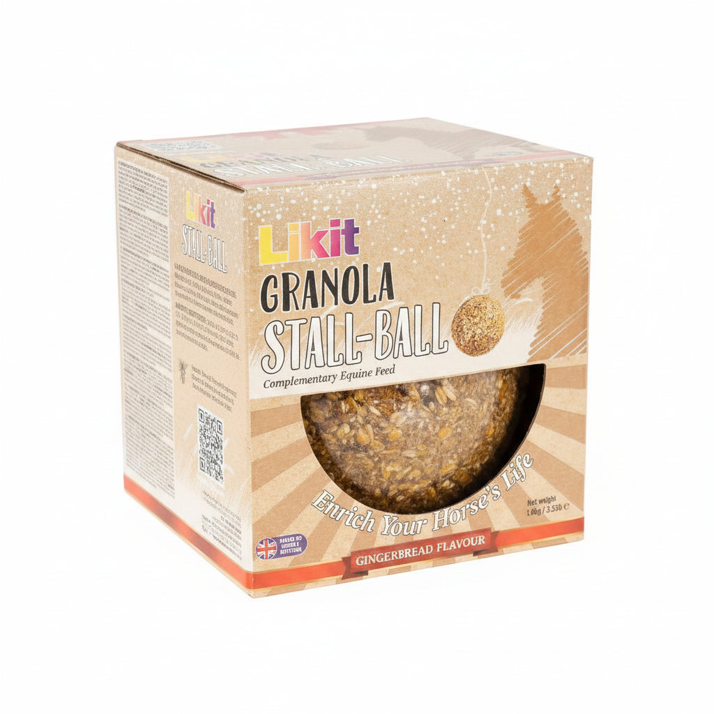 A box of Likit Granola Stall-Ball equine feed, gingerbread flavour, shown on a plain white background.