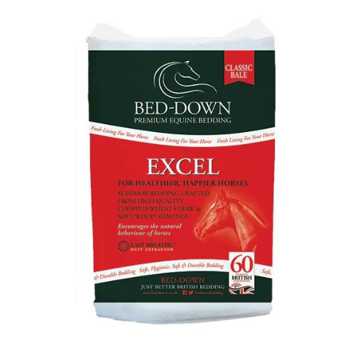 Bag of Bed-Down Premium Equine Bedding with horse imagery on a white background