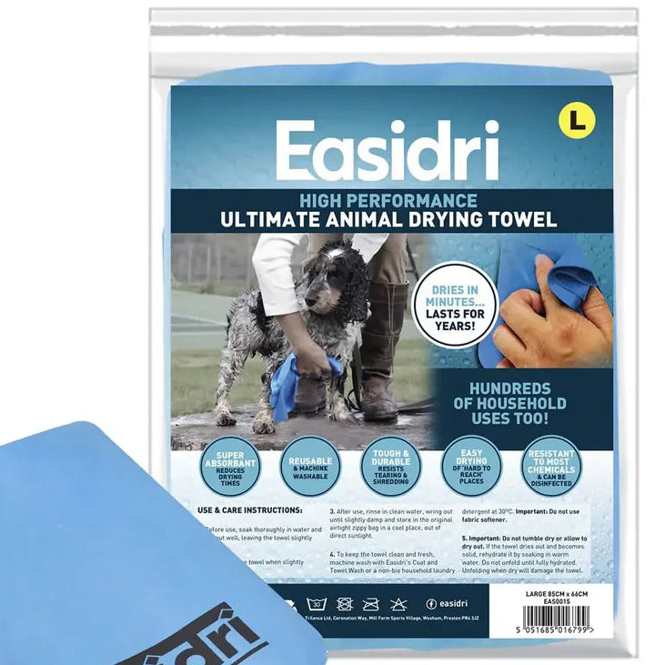 Easidri high performance animal drying towel with packaging on a white background