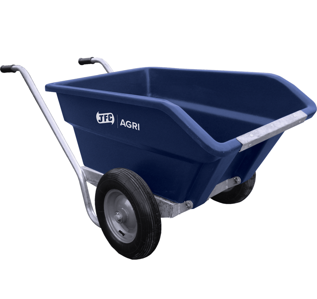 Blue wheelbarrow with 'JFC Agri' branding on a white background