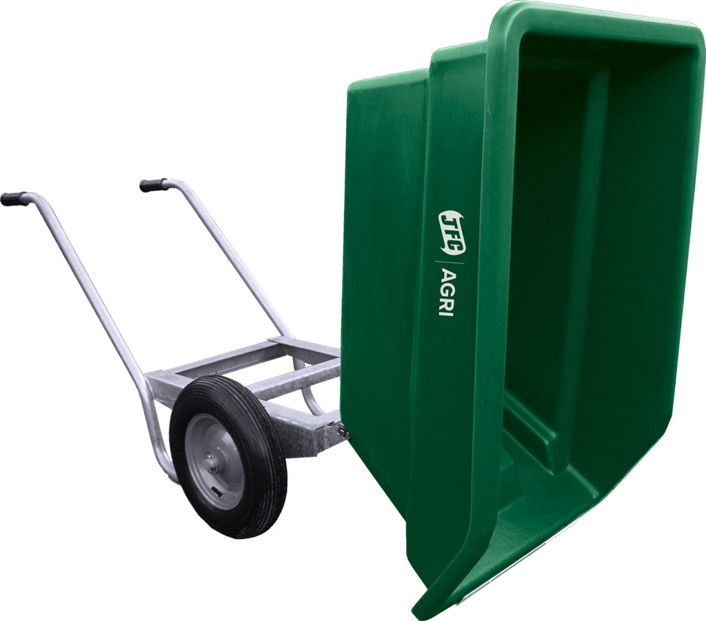 Green agricultural dump cart with 'JET' branding on a white background