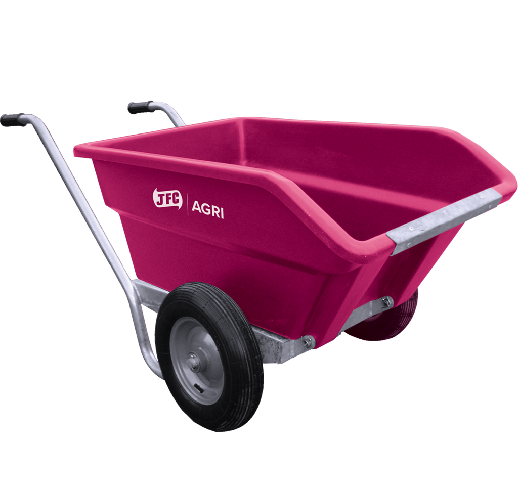 Pink wheelbarrow with 'JFC Agri' branding on a white background