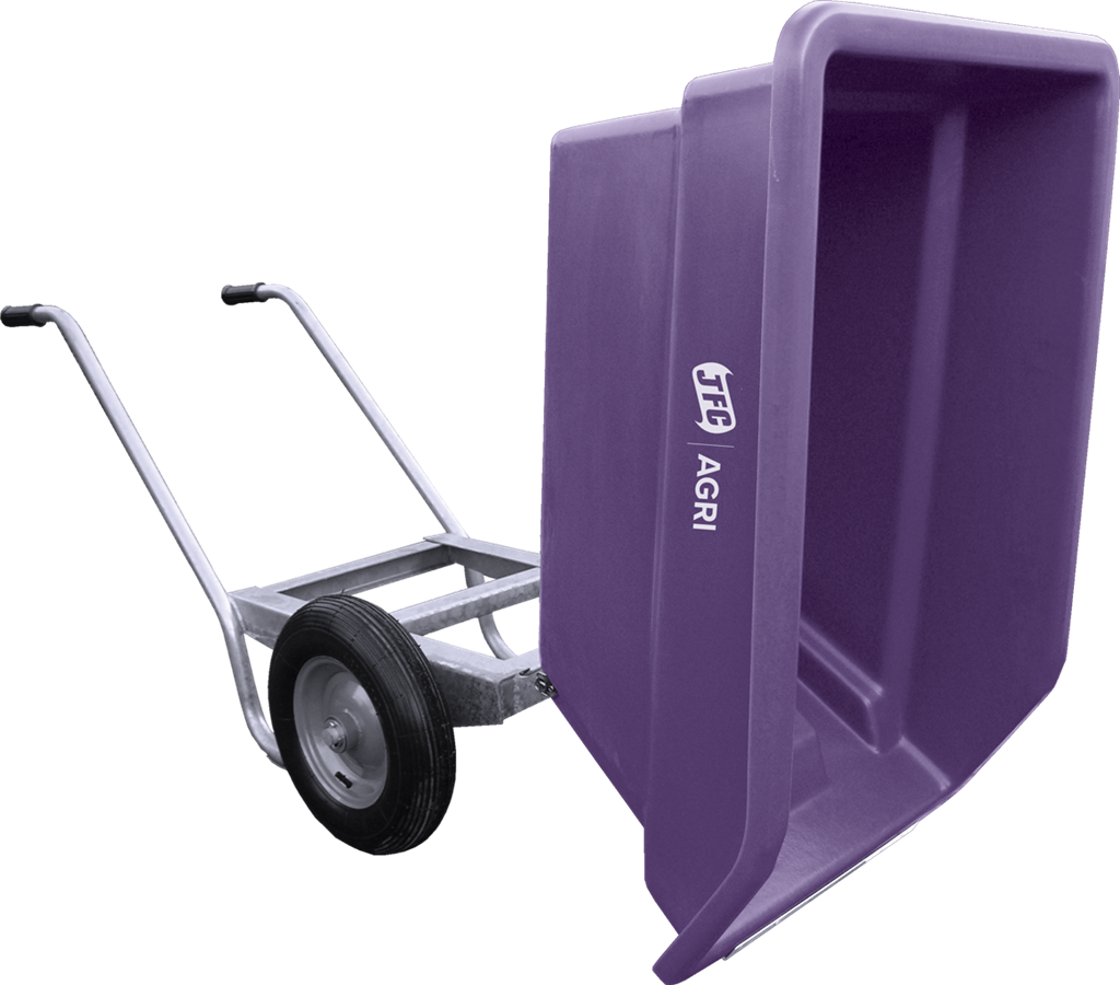 Purple agricultural dump cart with a visible brand logo on a white background